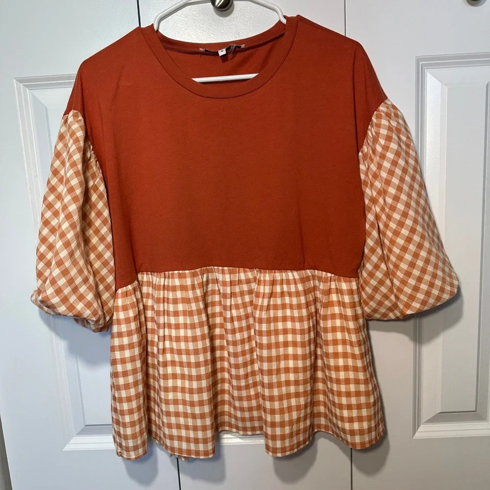 English Factory Enrica Plaid Peplum Top Medium Rust Orange Gingham Puff Sleeve